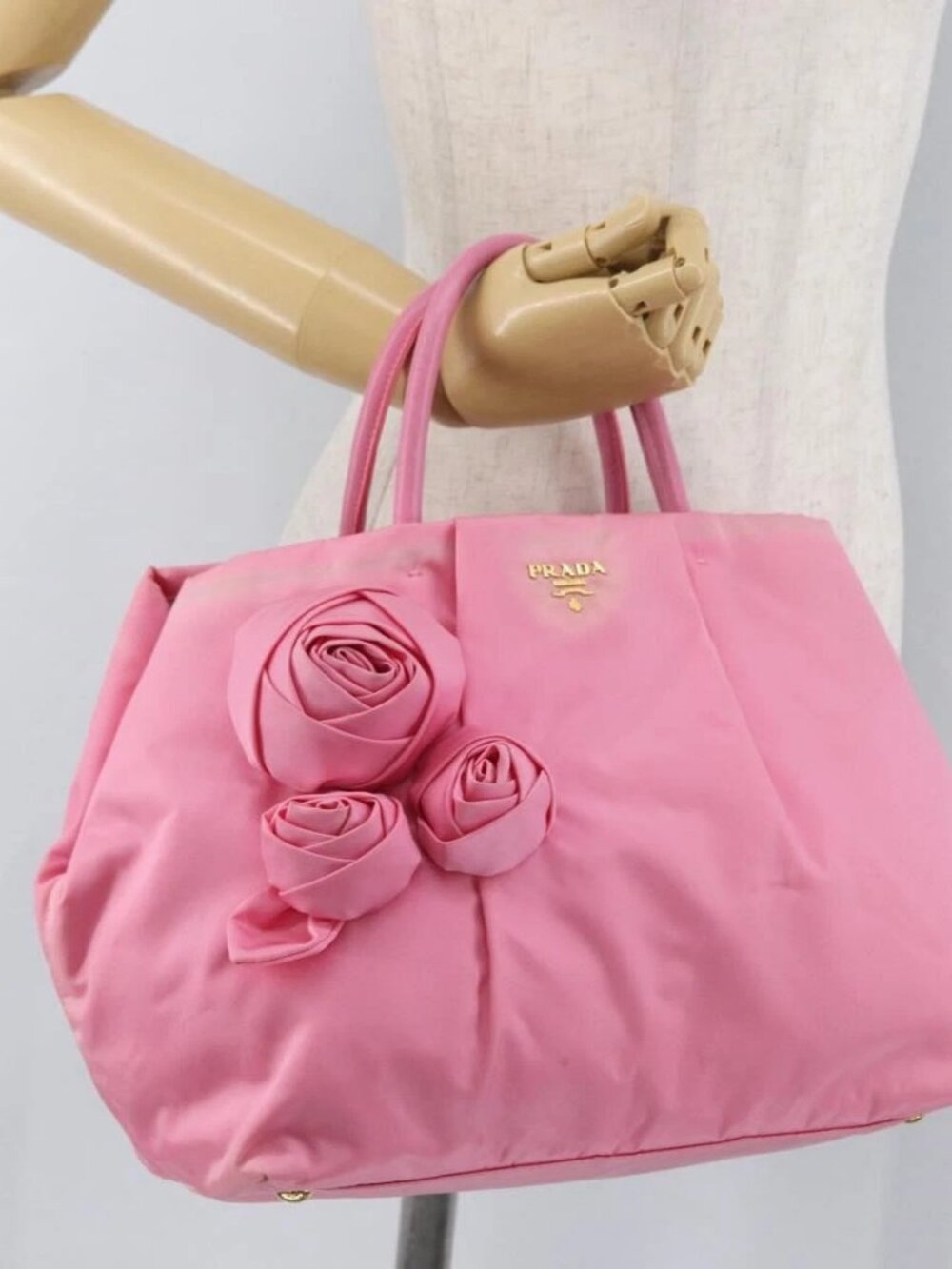 PRADA Hand Bag Nylon Pink Gold Auth 172515A - Picture 1 of 16